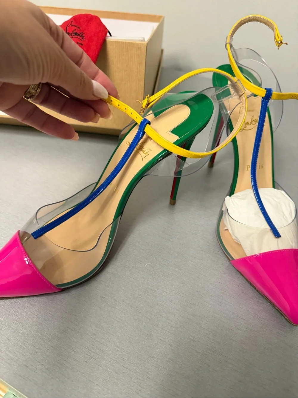 Christian Louboutin Pink Patent PVC T-Strap Pointed Toe Pumps 40.5